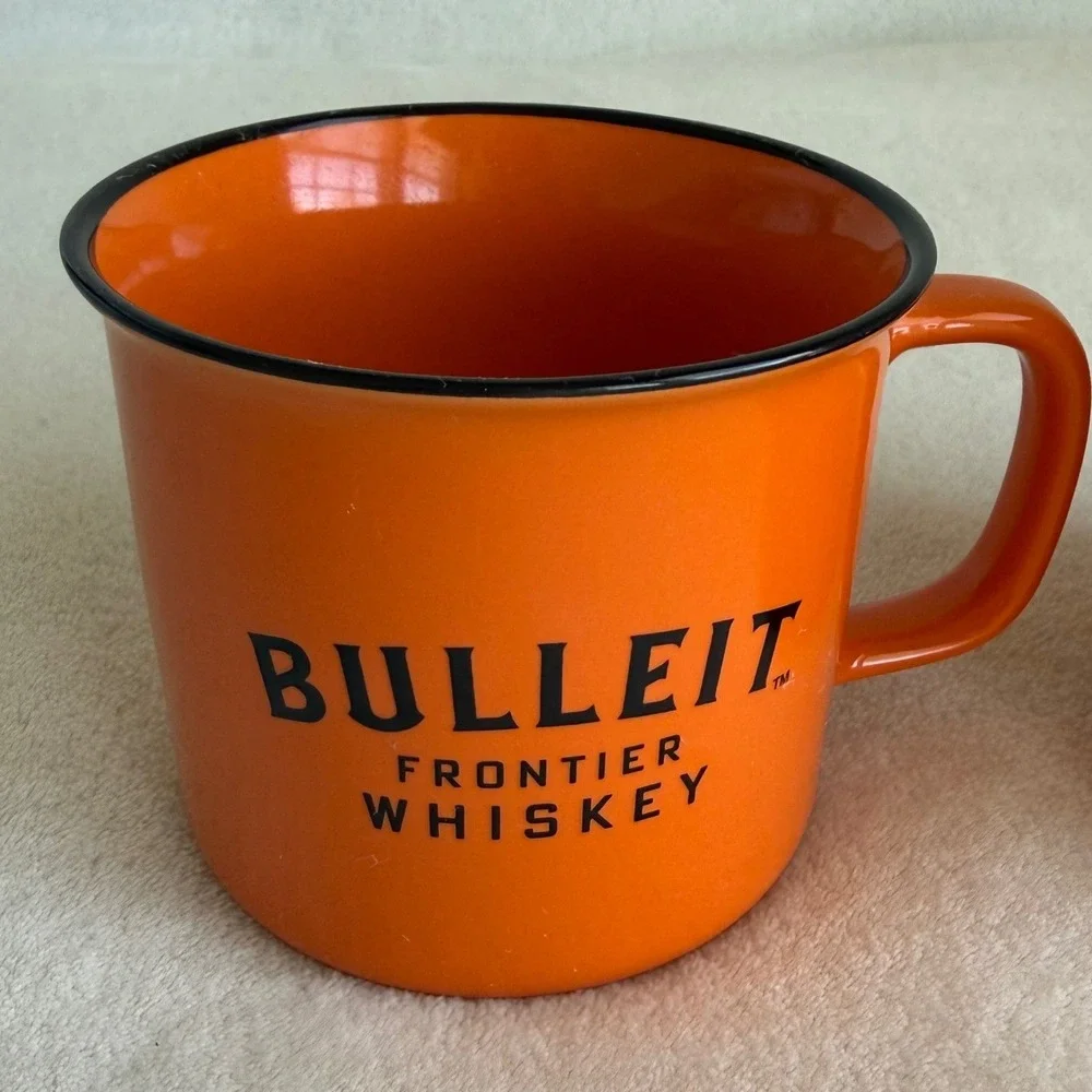 Set of 2 BULLEIT Whiskey Bourbon Ceramic Orange Mug‎ Cups Coffee Hot Toddy Cup
